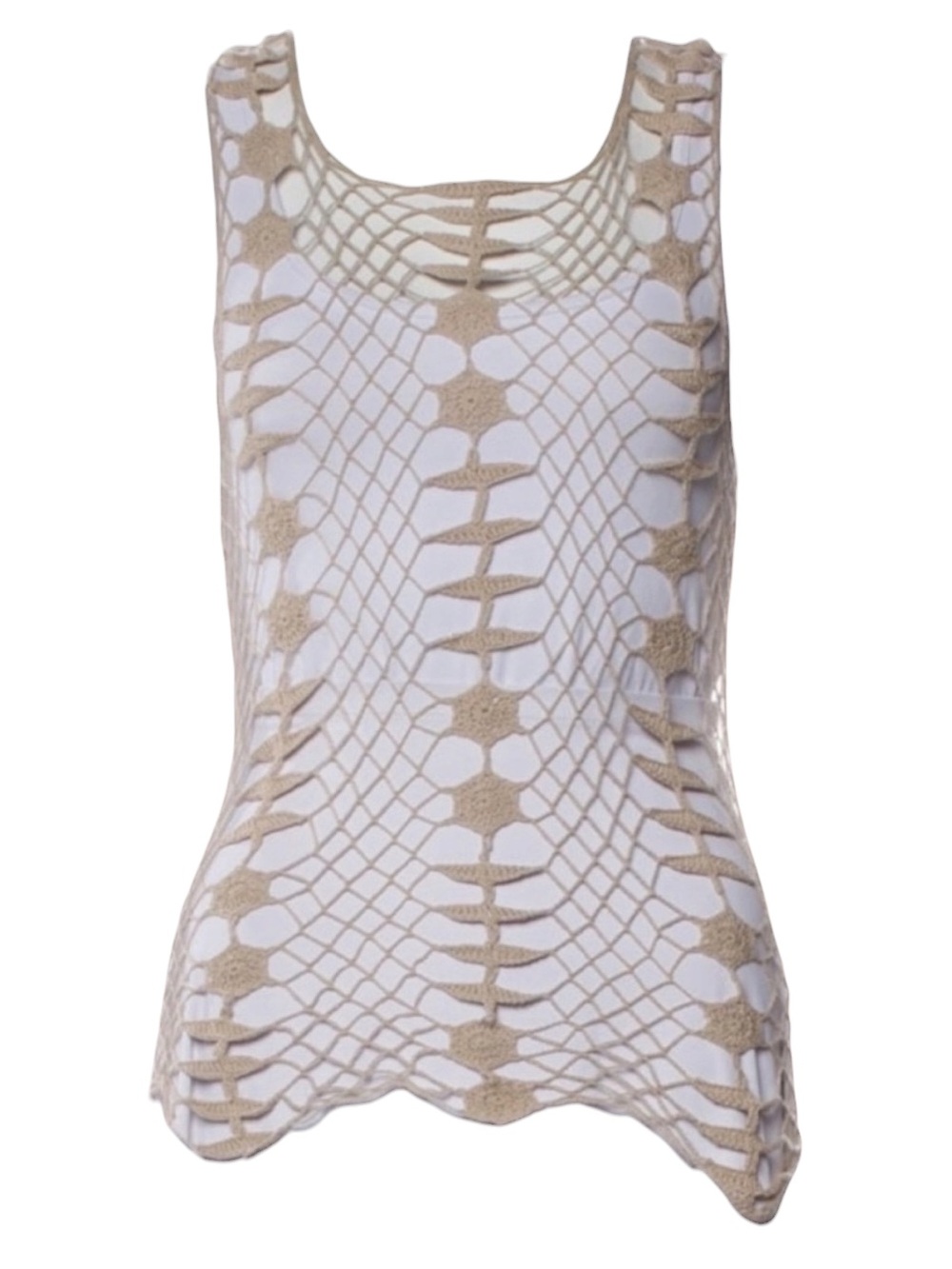 Raquel Allegra Crochet Fisherman Net Openwork Neutral Tan Tank Top